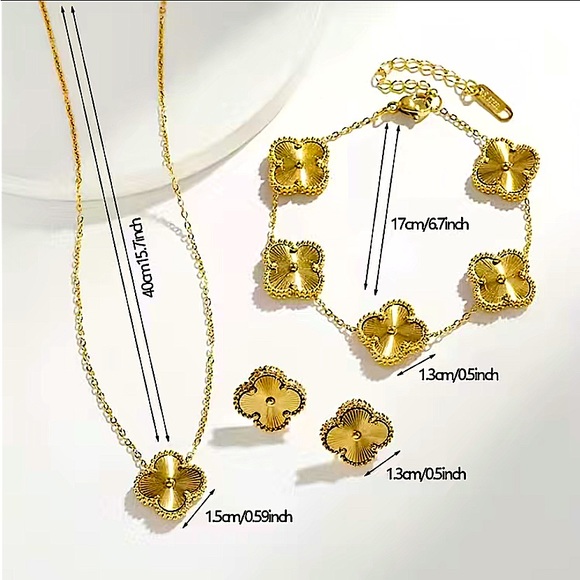 Gold Filled Four Leaf Clover Matching Necklace Bracelet Earrings Set - Picture 6 of 12